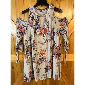 Miss Me Beige Floral Cold Shoulder Boho 3/4 Sleeve Dress Size Medium (5496)